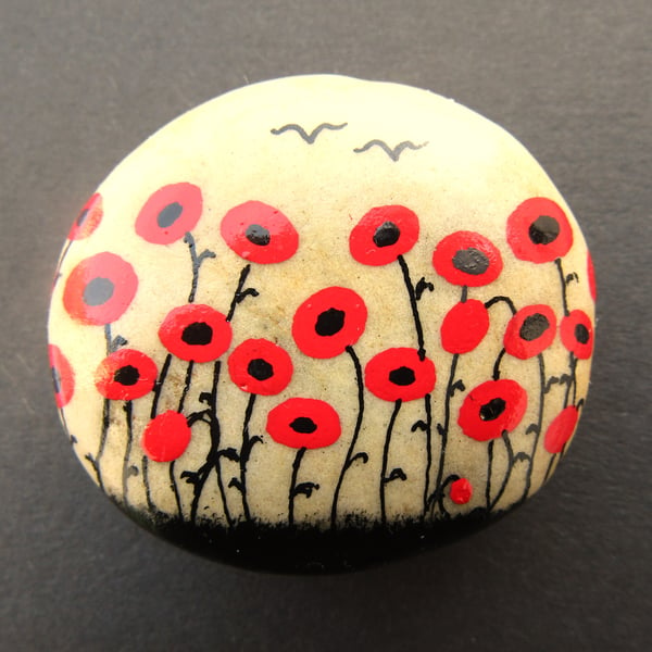 Poppies Painted on Stone, Sympathy Gift, Poppy Pebble Art, Remmbrance Rock 