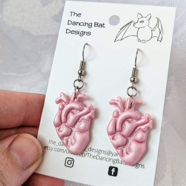 Pink Anatomical Heart Dangle Earrings, Polymer Clay Jewellery