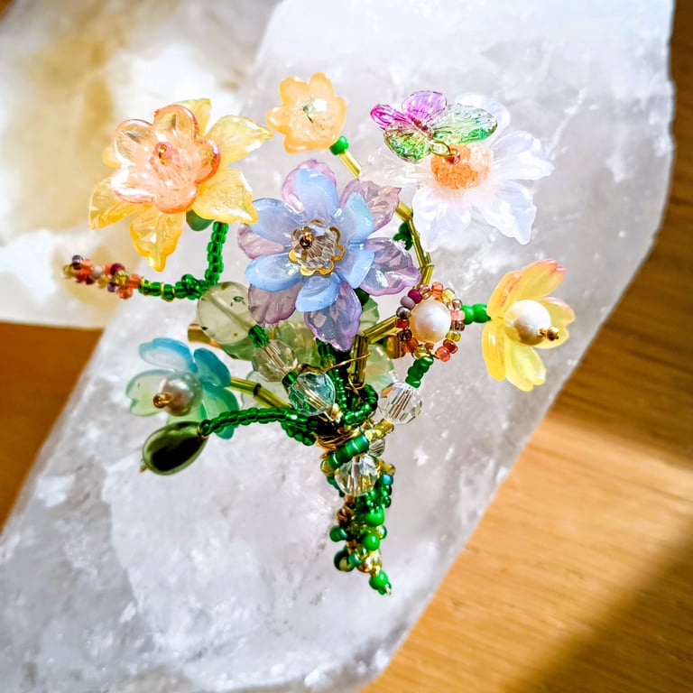 Hand beaded Lucite Flower Bouquet Brooch
