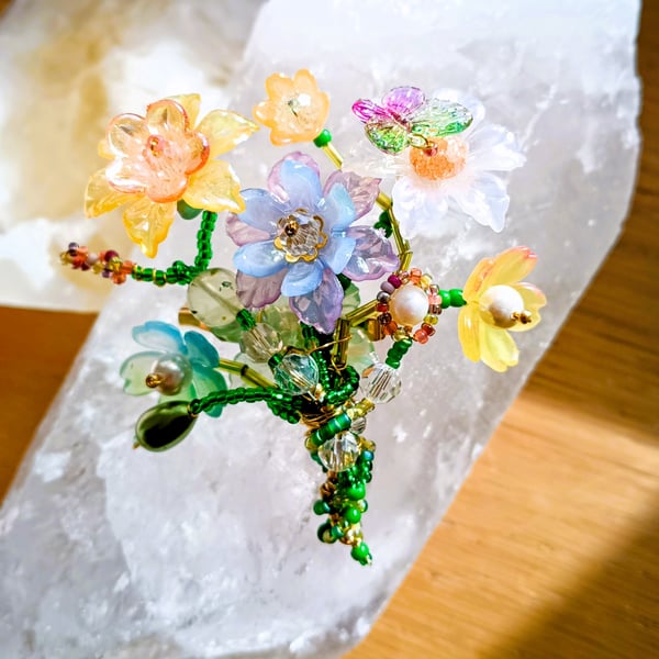 Hand beaded Lucite Flower Bouquet Brooch