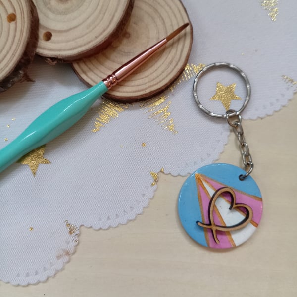 Wooden circular transgender pride flag keyring