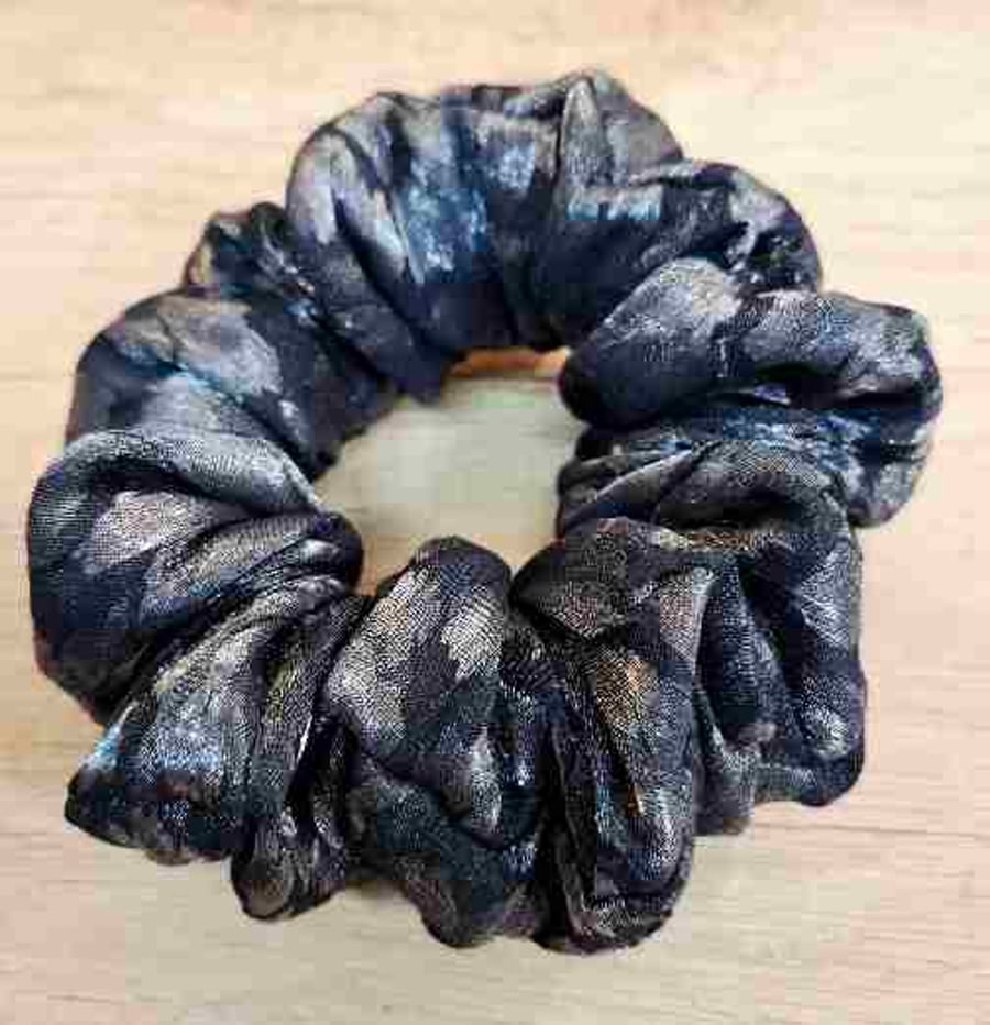Handmade scrunchie in silvery black Dupion type fabric