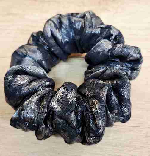 Handmade scrunchie in silvery black Dupion type fabric