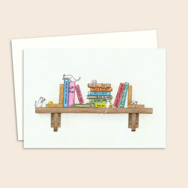 Cute Mice Greeting Card: Cute Mice on a Book Shelf Birthday Card (205)