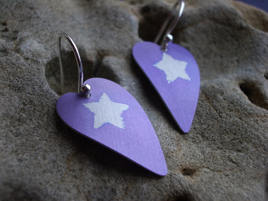 SALE! Heart earrings in purple with silver star print