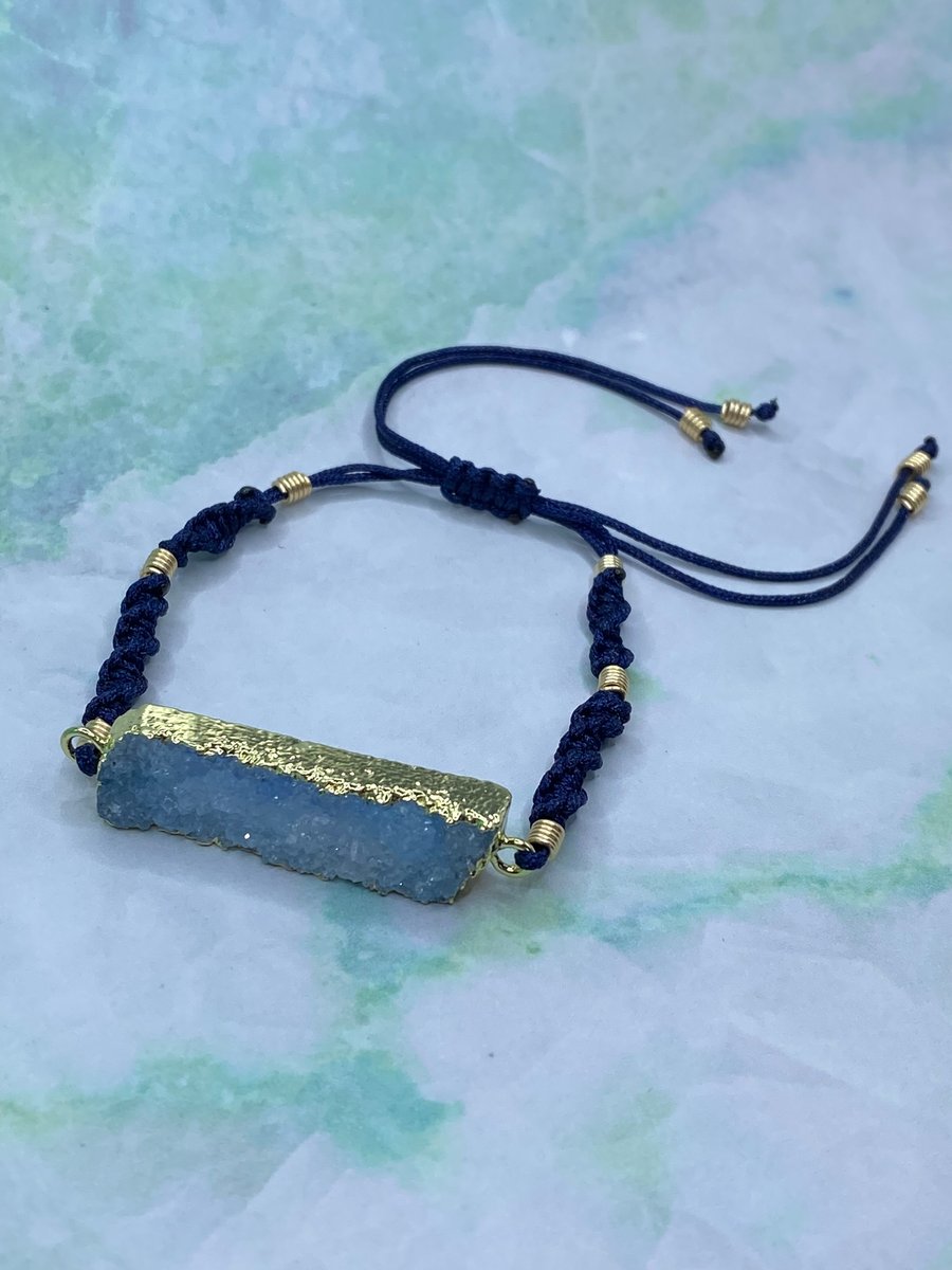 Navy macrame cord bracelet with gold flash plated blue agate bar