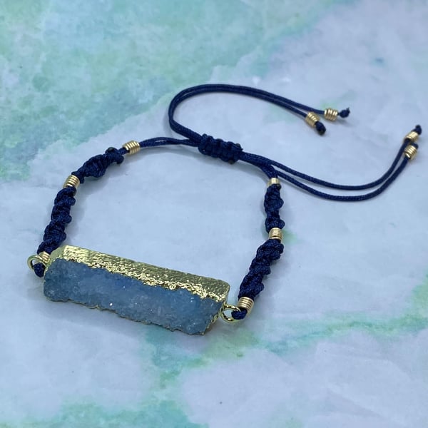 Navy macrame cord bracelet with gold flash plated blue agate bar