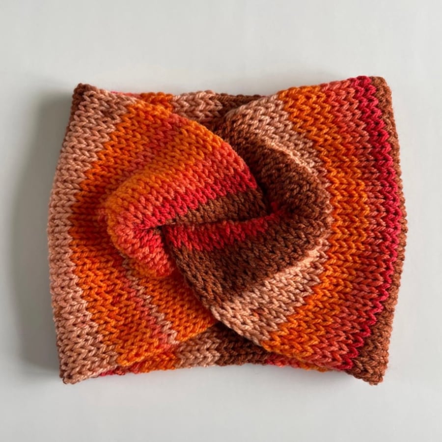 Orange Knitted Ear Warmer, Messy Bun headwear, 100% Acrylic, perfectly imperfect