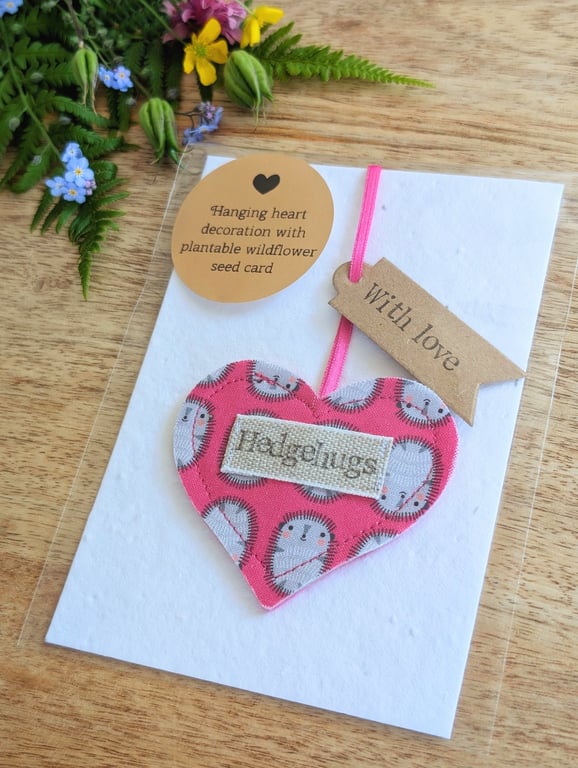 Hedgehugs Hanging Heart Decoration with Plantable Wildflower Seed Backing Card