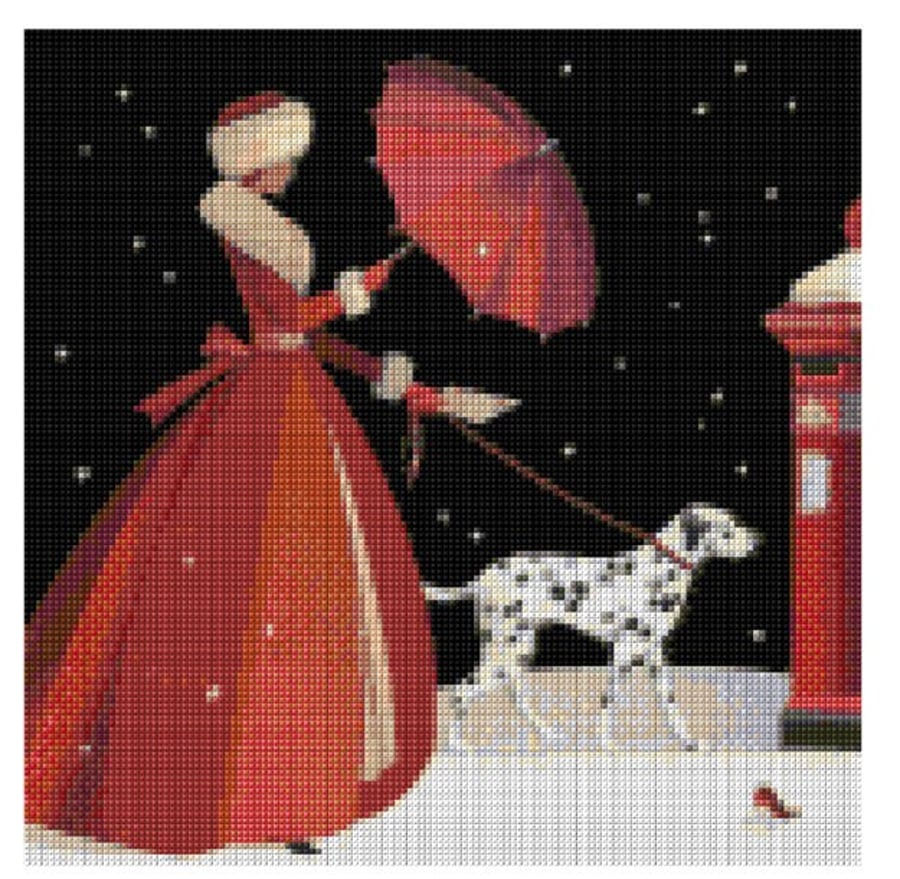 Christmas Lady & Dalmatian - cross stitch chart