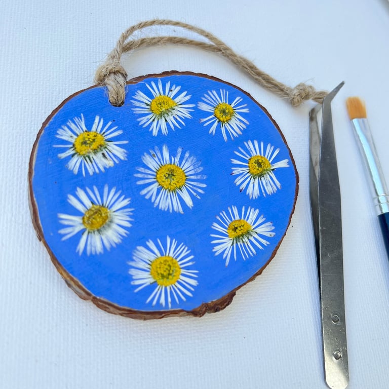Real Pressed Daisies Hand Painted Wood Slice Hanging Decoration