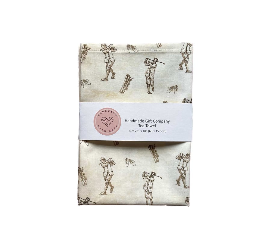 Fabric Handmade Pretty Cotton Tea Towel with a Vintage Golf Design