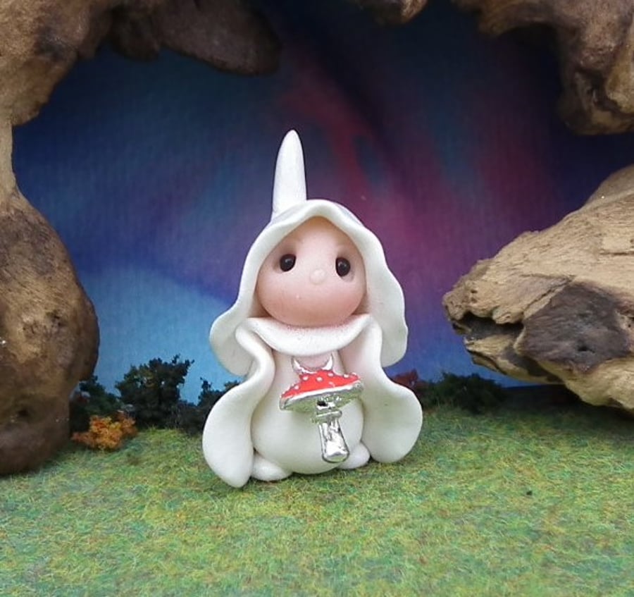 Tiny Toadstool Gnome with white robes 'Rena' OOAK Sculpt by Ann Galvin
