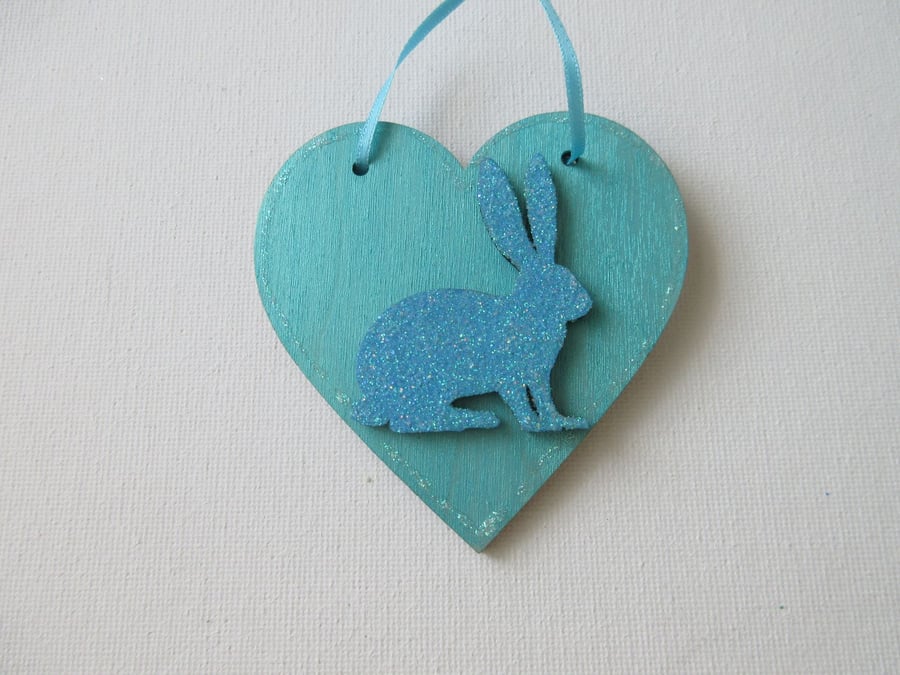 Bunny Rabbit Love Heart Hanging Decoration Blue Wood Wooden Glittery 