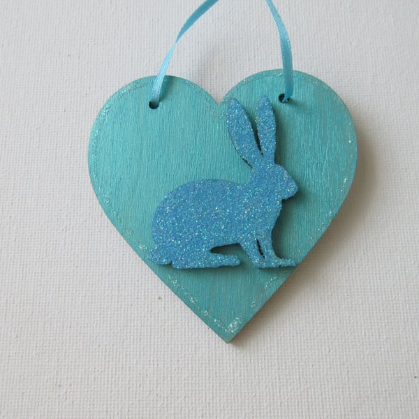 Bunny Rabbit Love Heart Hanging Decoration Blue Wood Wooden Glittery 
