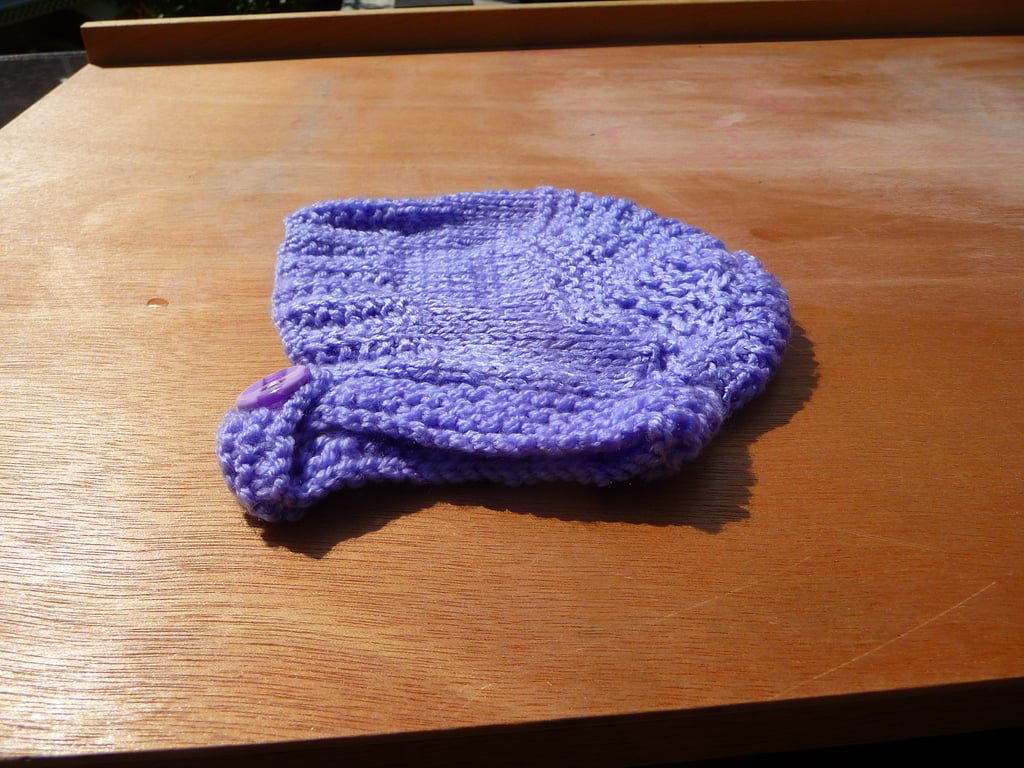 lilac baby hat and booties set helmet style balaclava button fastening