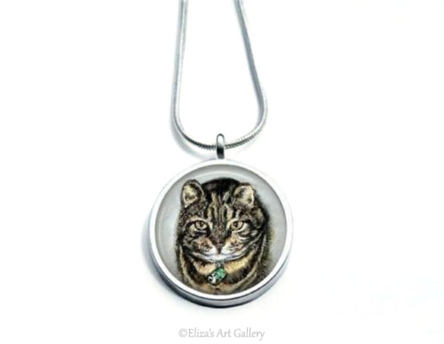 Silver Plated Tabby Cat Art Snake Chain Necklace