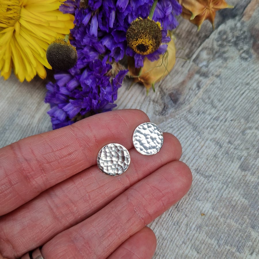 Sterling Silver Round Hammered Disc Stud Earrings