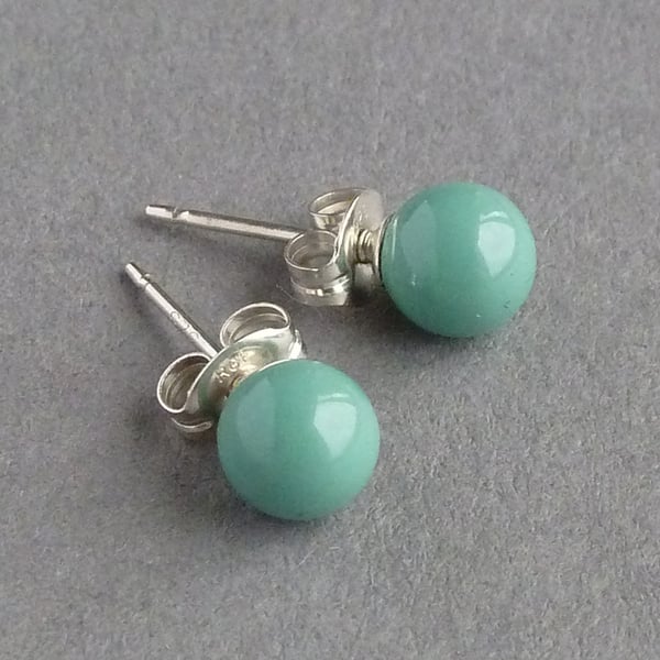 Aqua Stud Earrings - Everyday Turquoise Earrings - Jade Swarovski Pearl Studs