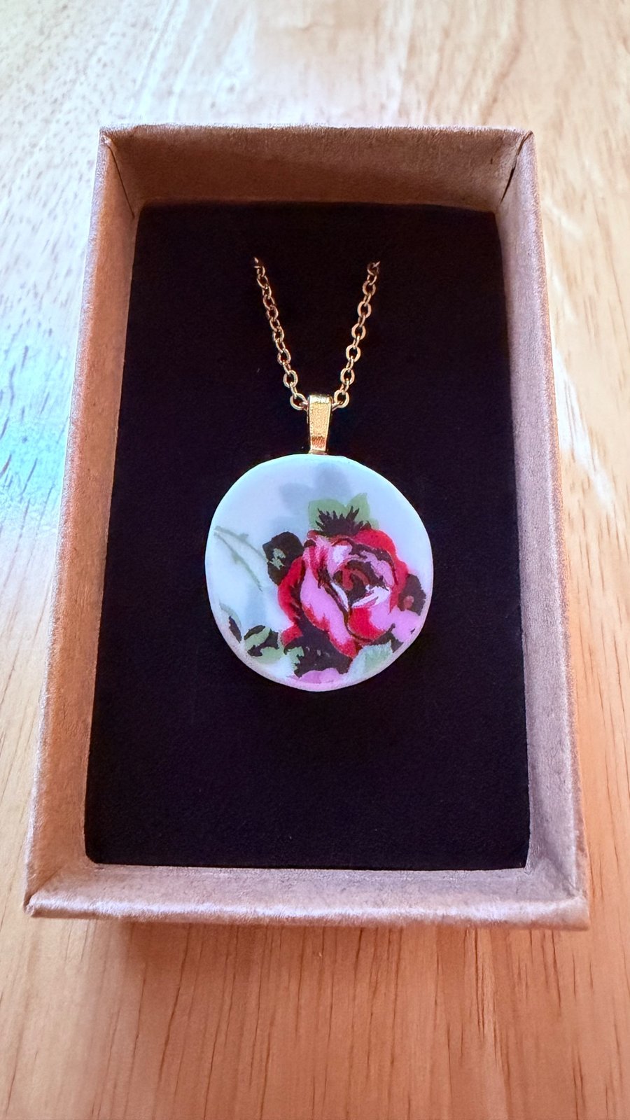Upcycled bone china necklace floral pink rose