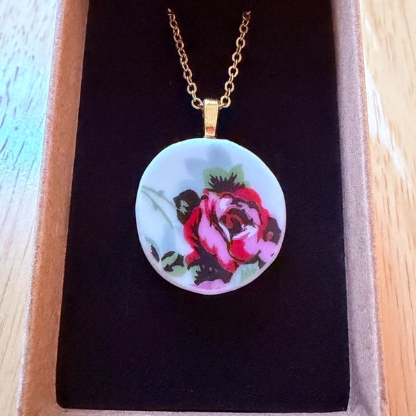 Upcycled bone china necklace floral pink rose