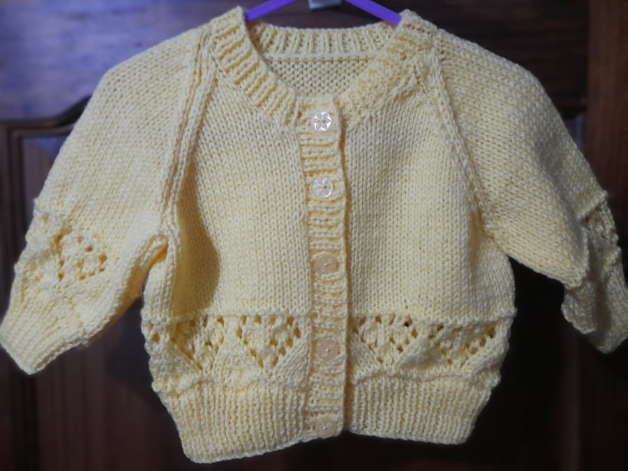 Hand Knitted Buttercup Yellow Cardigan with Lace Heart Border 6-12 months