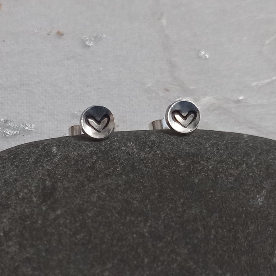 Recycled sterling silver heart stamped earrings – handmade stud earrings 
