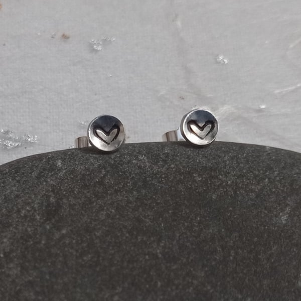 Recycled Sterling Silver Heart Stamped Earrings – Handmade Stud Earrings 