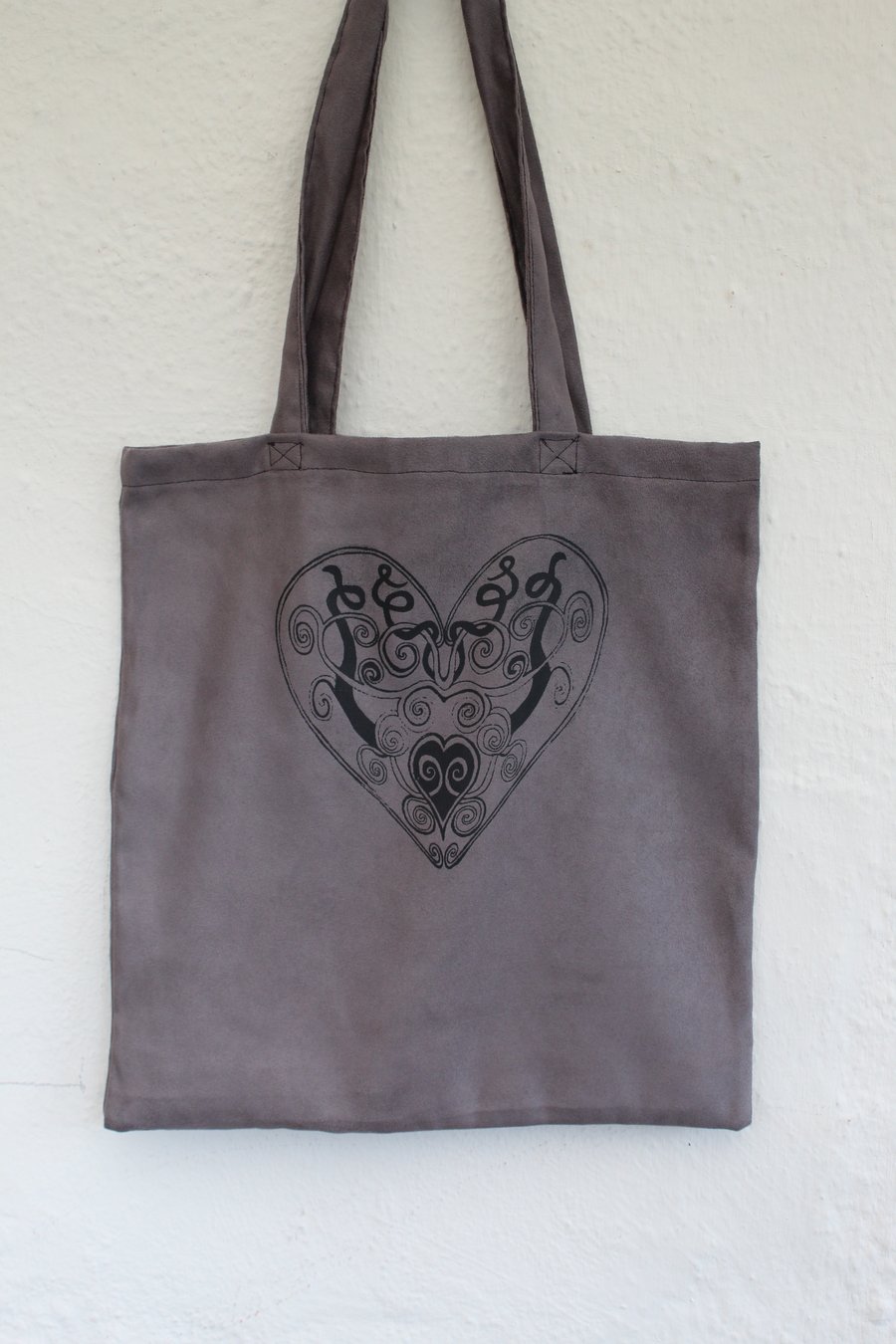 Handmade brown up cycled suede effect Tote bag,Heart screen print Bag,gift