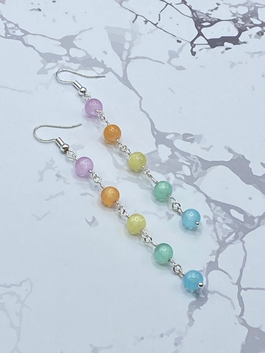 Long drop earrings with rainbow selenite stones