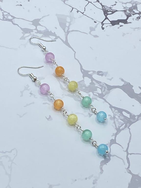 Long drop earrings with rainbow selenite stones