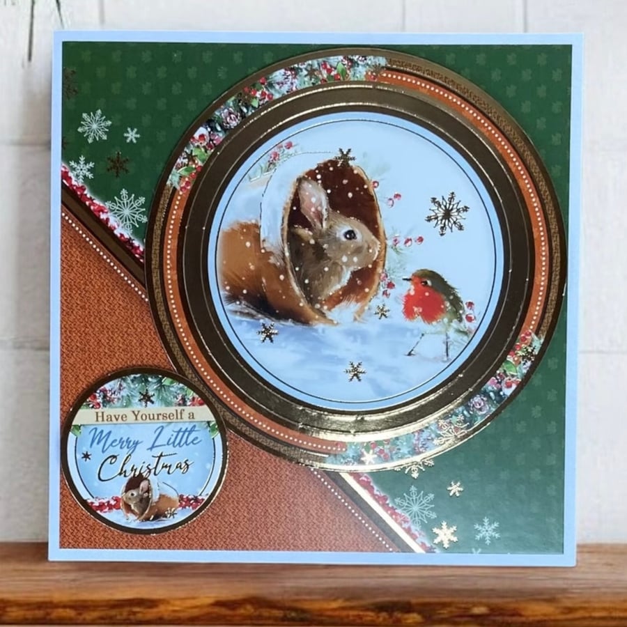 Christmas Card. Luxury Rabbit and Robin Christmas Card. Festive Forest.