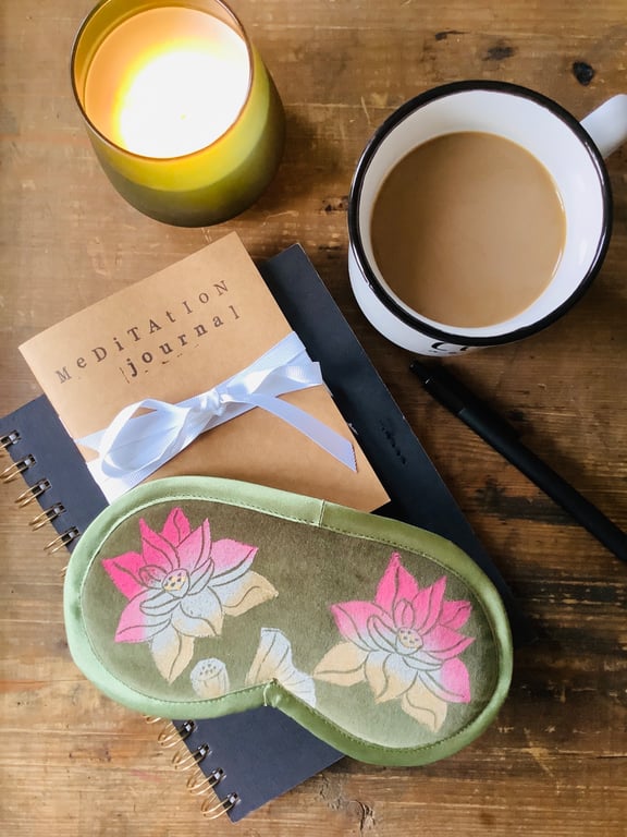 Lotus Flower Sleep Mask, Olive Velvet Eye Mask, Lavender Infused Relaxation Gift