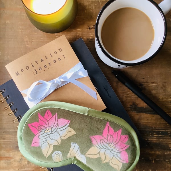 Lotus Flower Sleep Mask, Olive Velvet Eye Mask, Lavender Infused Relaxation Gift