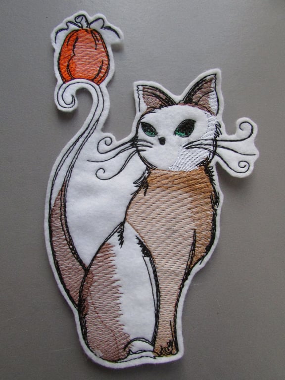 Embroidered Cat and Pumpkin Applique Patch