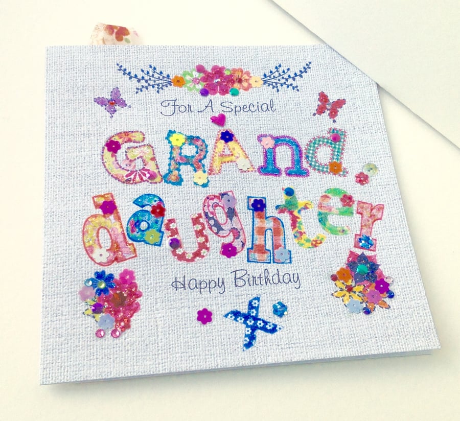Birthday Card Granddaughter,Printed Appliqué Design,Handmade,Personalised 