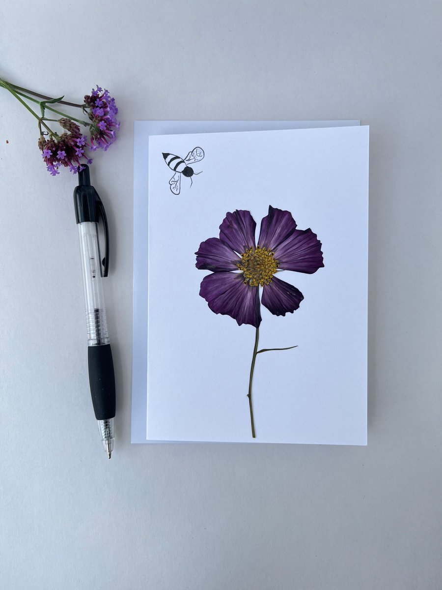 Handmade Real Pressed Flower Cosmos and Bee Greeting Card