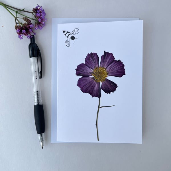 Handmade Real Pressed Flower Cosmos and Bee Greeting Card