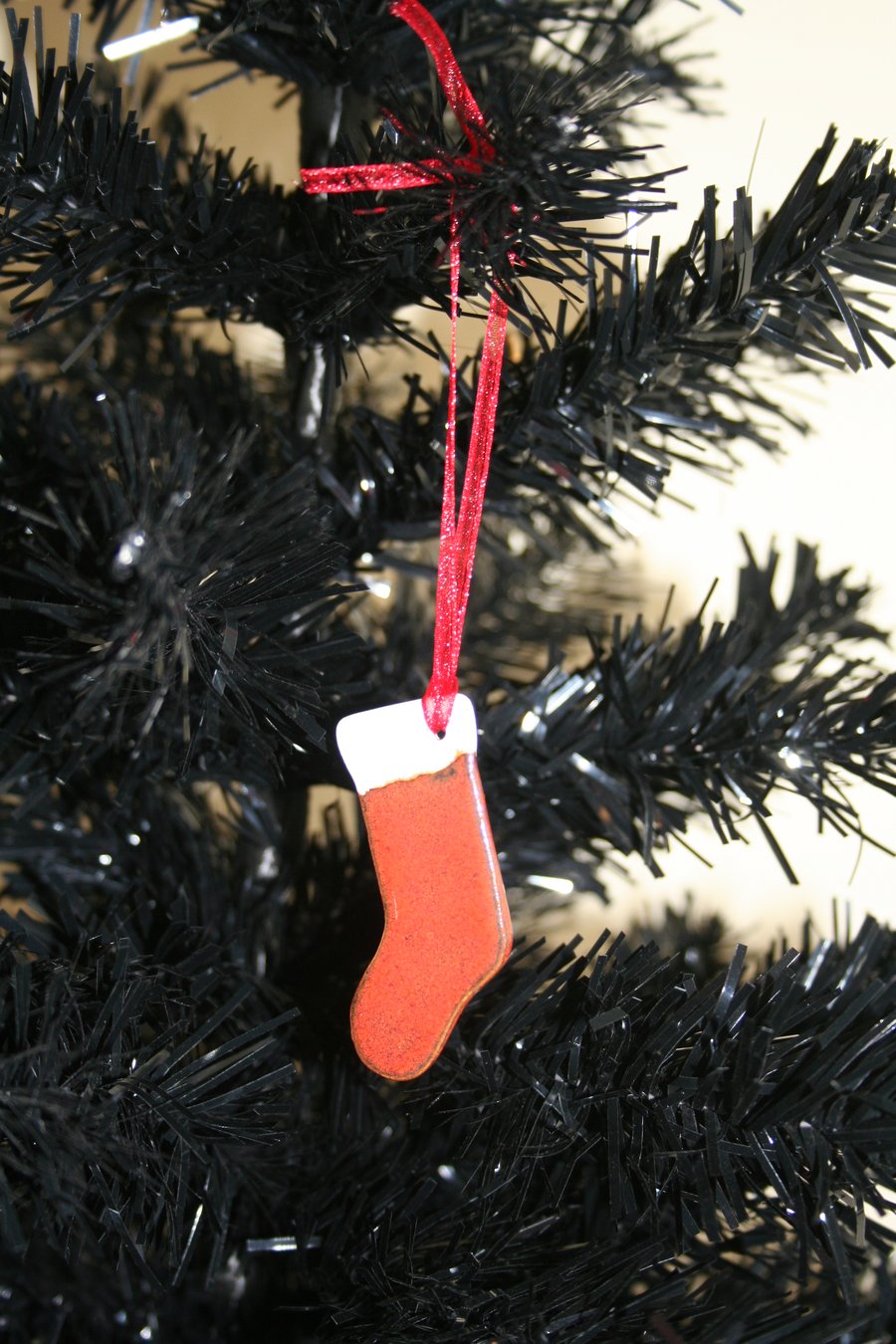 Red & white handmade ceramic christmas stocking hanging decoration