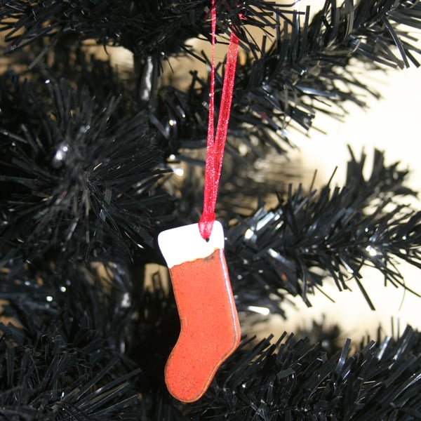 Red & white handmade ceramic christmas stocking hanging decoration