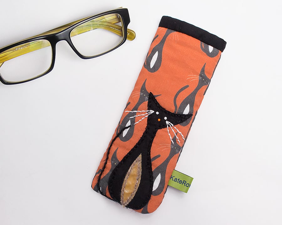Orange cat print glasses case with hand appliquéd black cat 