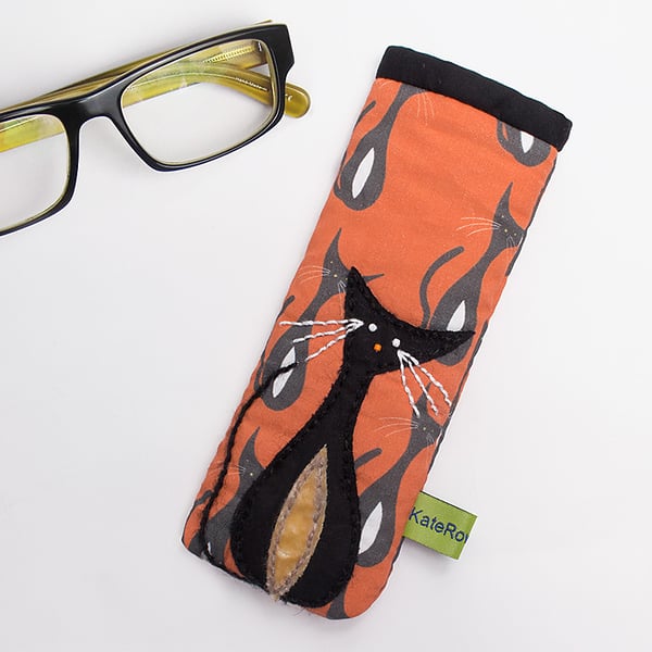 Orange cat print glasses case with hand appliquéd black cat 