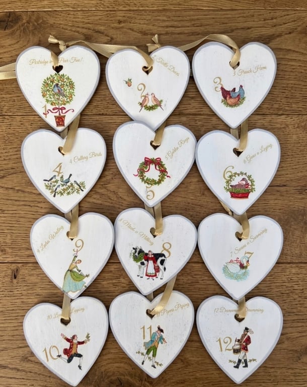 Set of 12 Wooden Christmas Hearts
