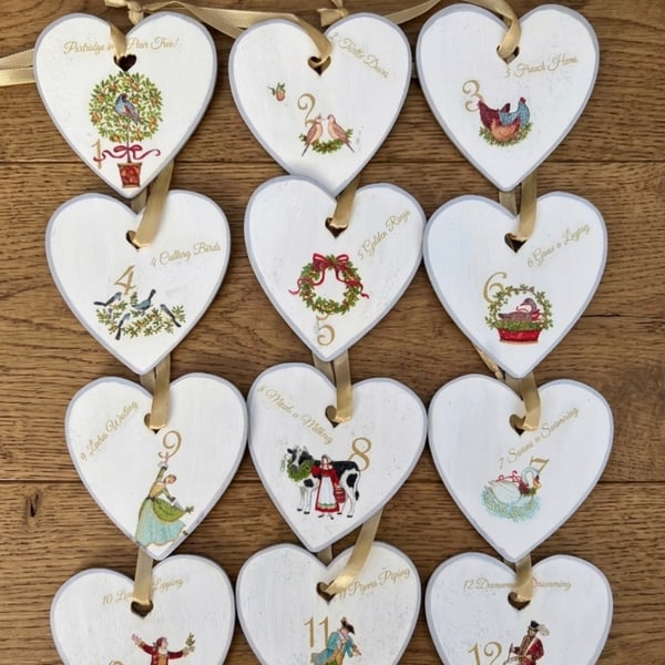 Set of 12 Wooden Christmas Hearts