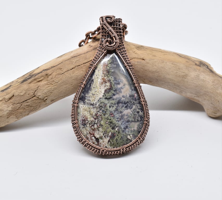 Indonesian Moss Agate and Copper Wire Woven One of a Kind Pendant