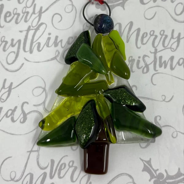 Small Handmade Fused Glass Xmas Tree Hanging Christmas Decoration 