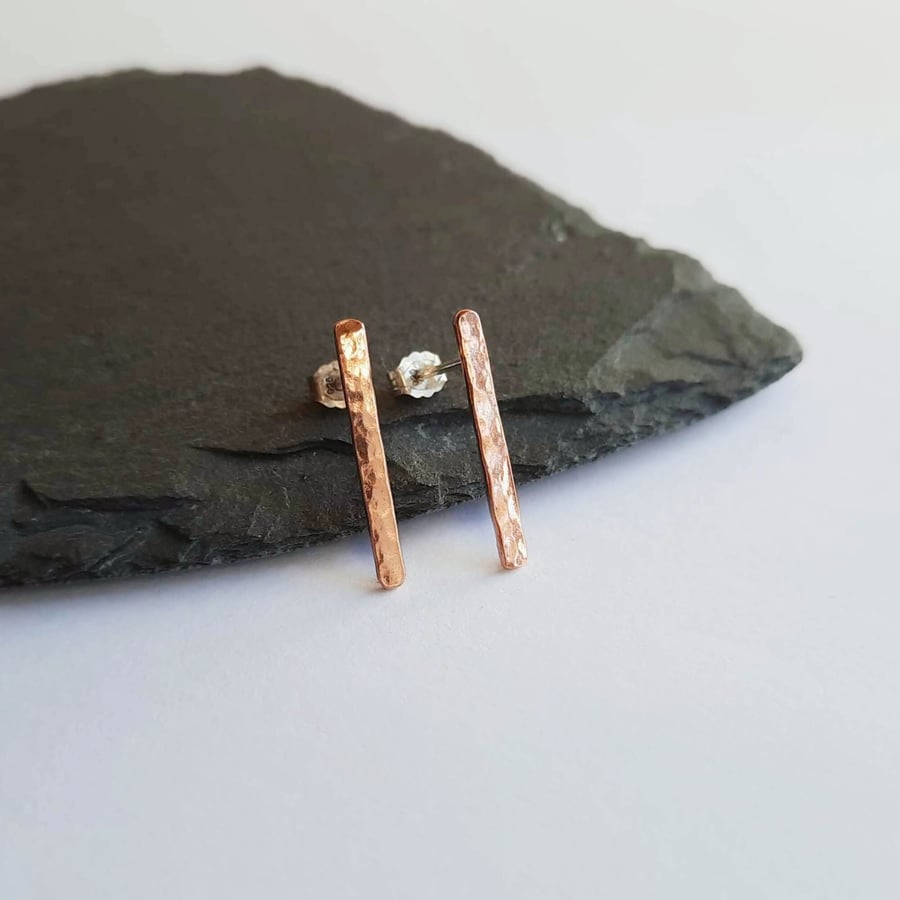 Textured Copper Stick Stud Earrings - Short