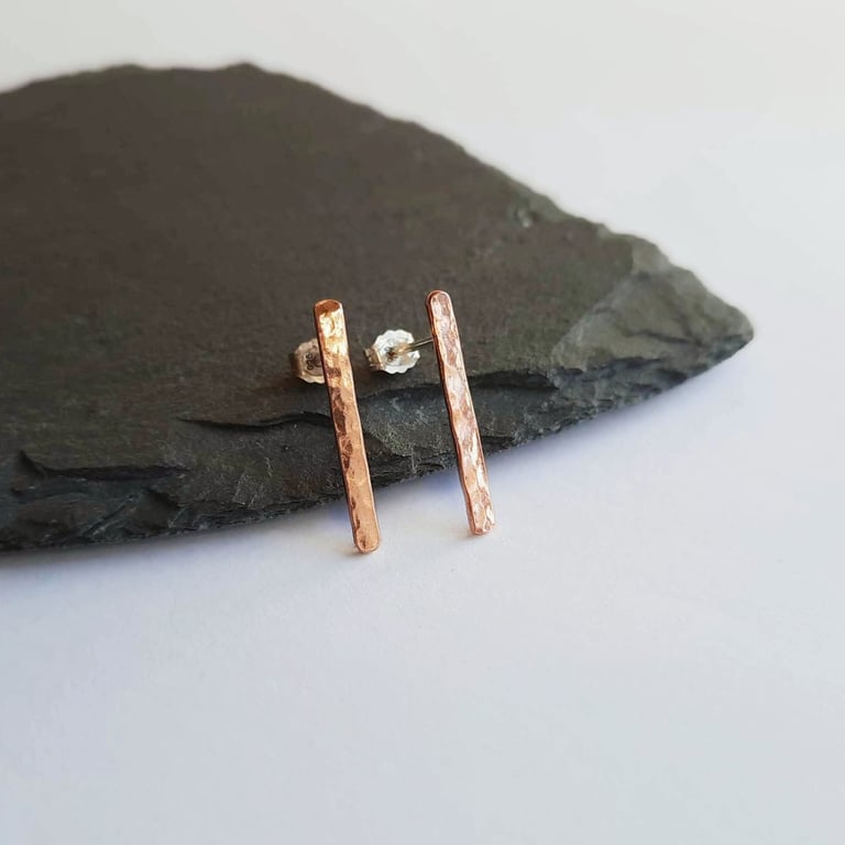 Textured Copper Stick Stud Earrings - Short