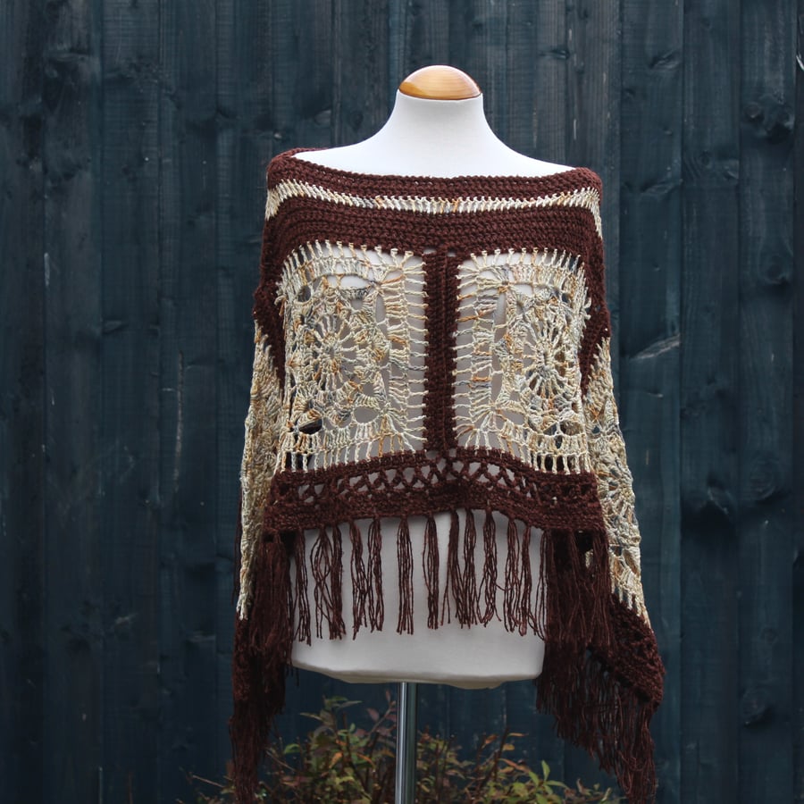 Rich Brown and Beige Mix Crochet Poncho - Design A452
