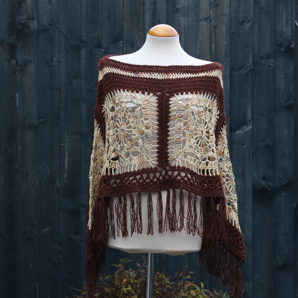 Rich Brown and Beige Mix Crochet Poncho - Design A452